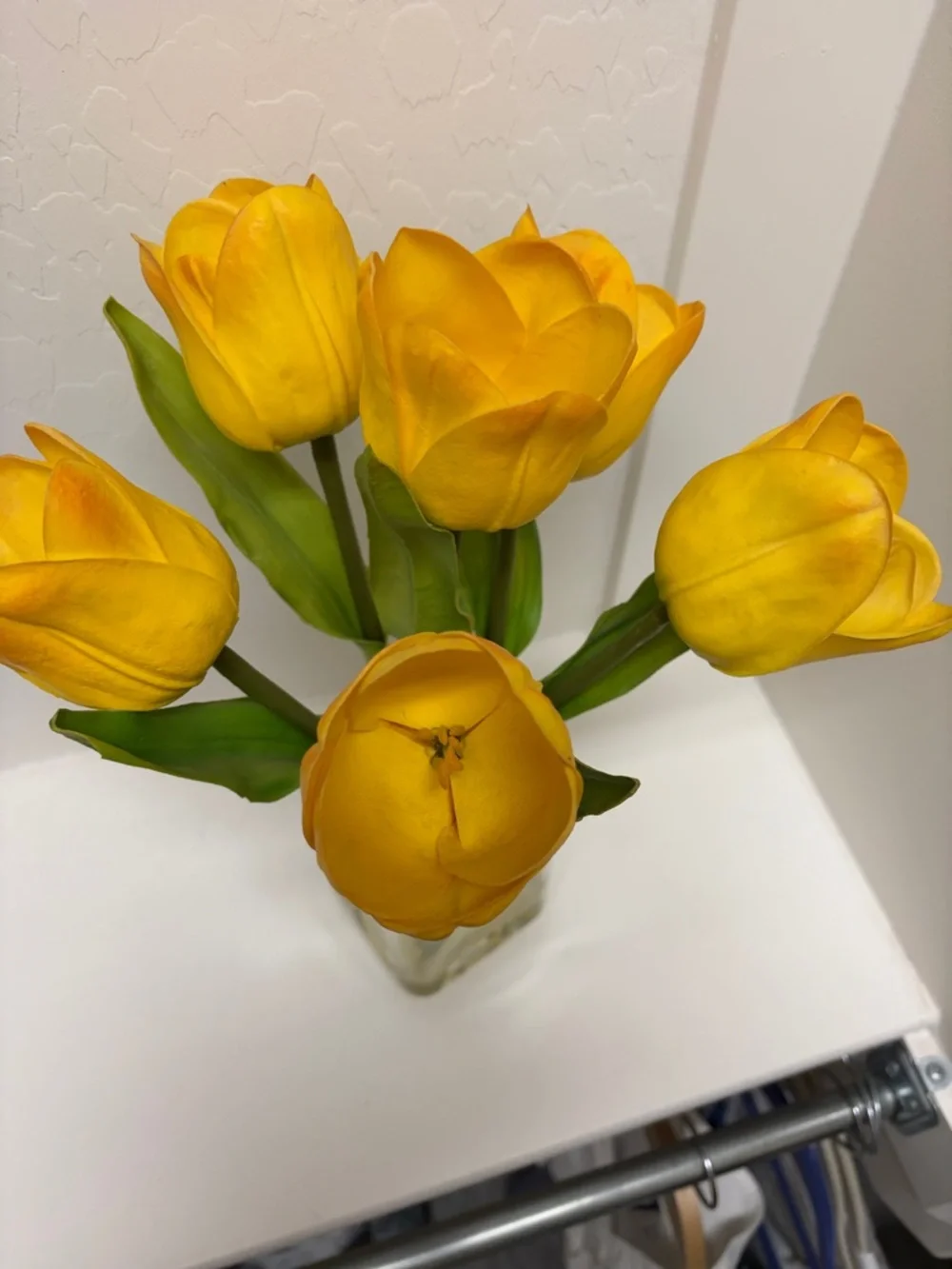 Bright Yellow Tulip Faux Floral Arrangement in Clear Glass Vase